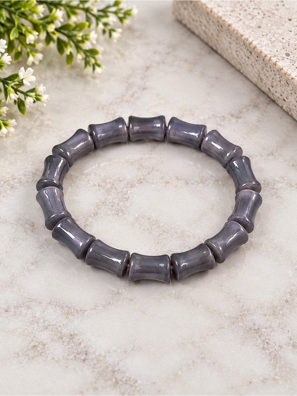 Gray Beaded Bamboo-Style Stretch Bracelet - Unbranded